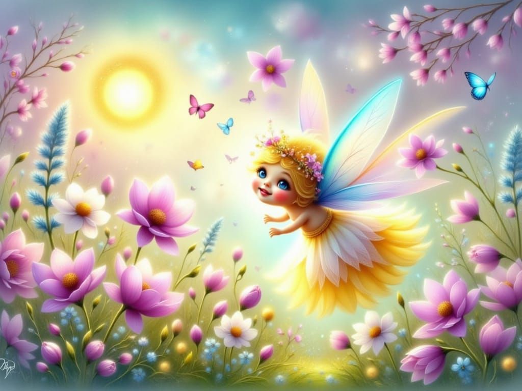 Whimsical Fairy Soars Over Enchanted Spring Meadow in a Sunn...