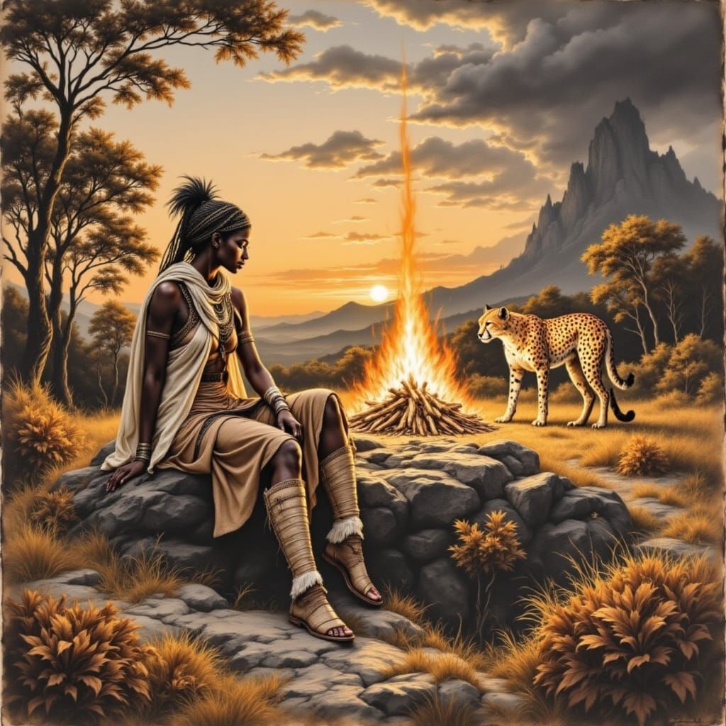 African Warrior Queen and Cheetah Charcoal Sketch