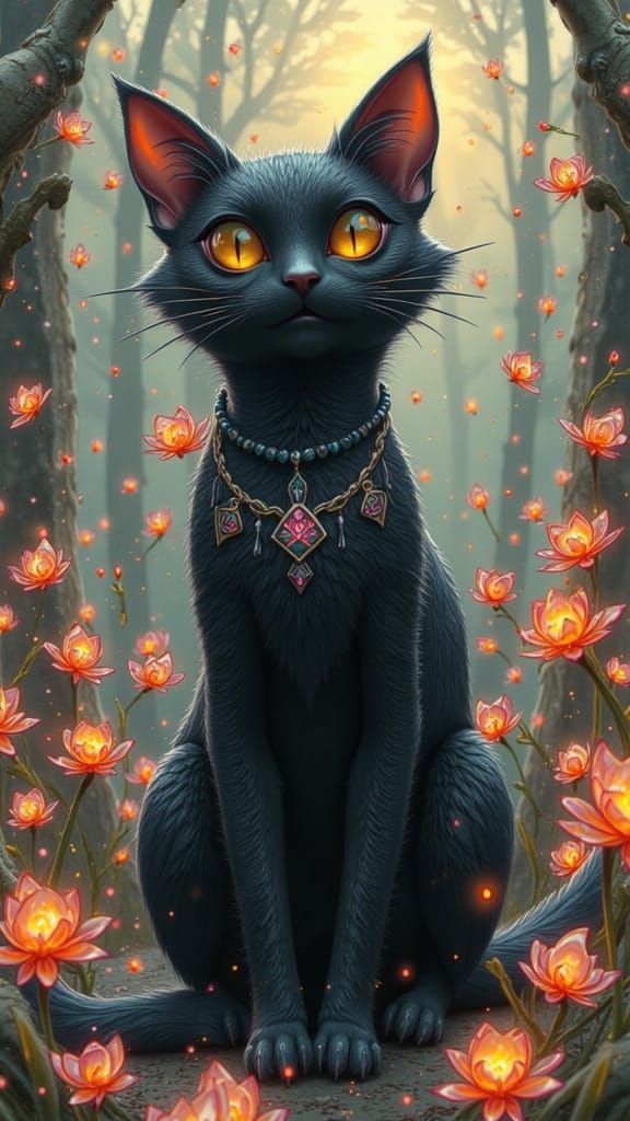 Black Cat in Whimsical Fairytale Dreamscape