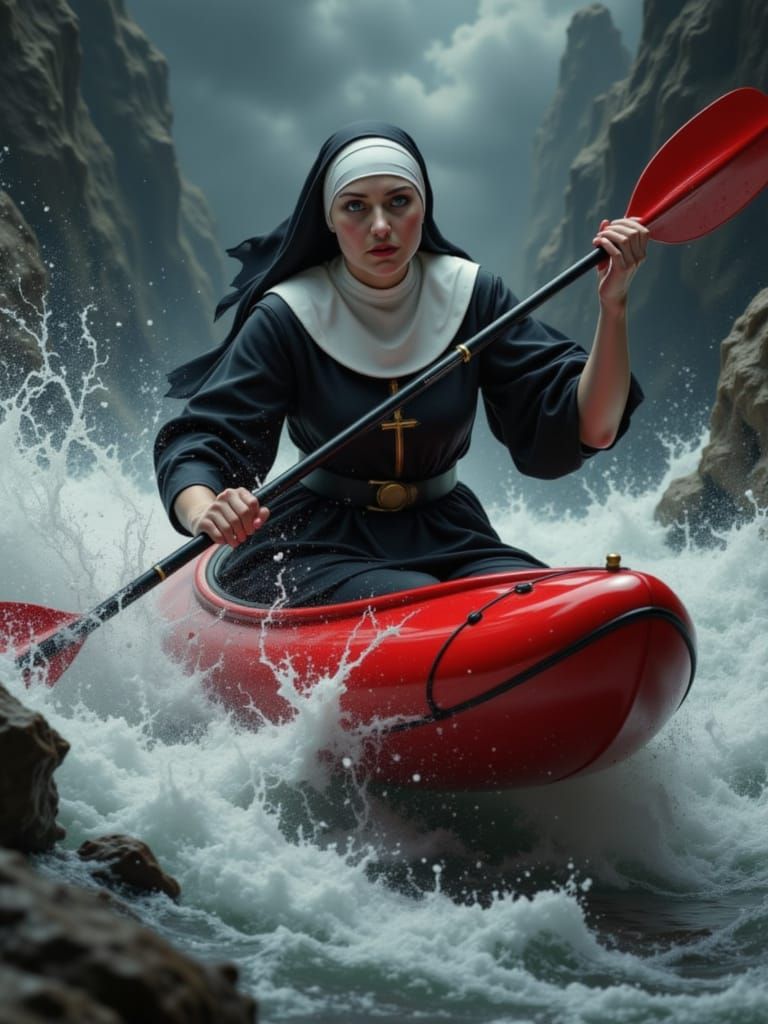Nun Braves Stormy Rapids in Red Kayak
