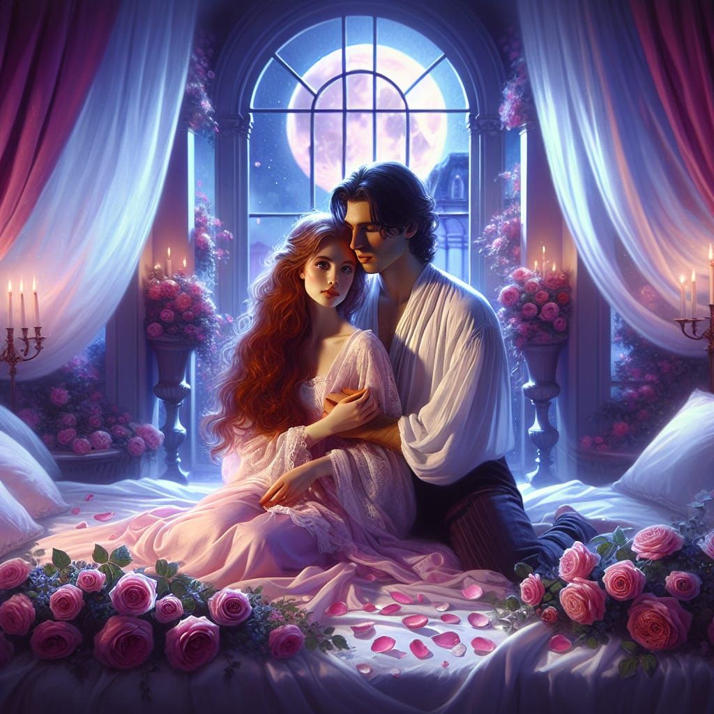 Moonlit Couple in Lavish Bedroom Amidst Roses