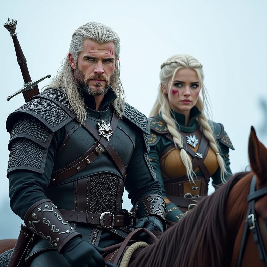 Geralt and Ciri on Horseback in Fantasy Art Style
