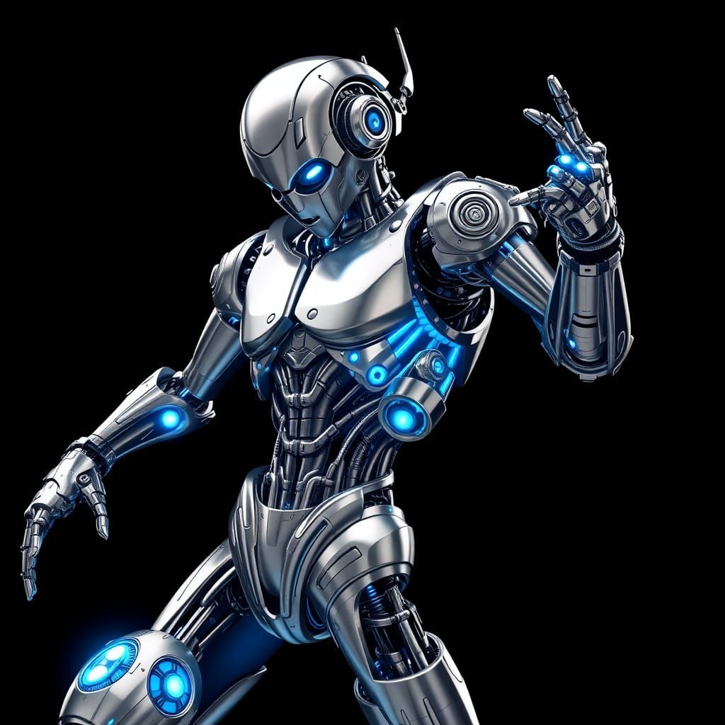 Futuristic Robot in Metallic Chrome with Glowing Blue Circui...