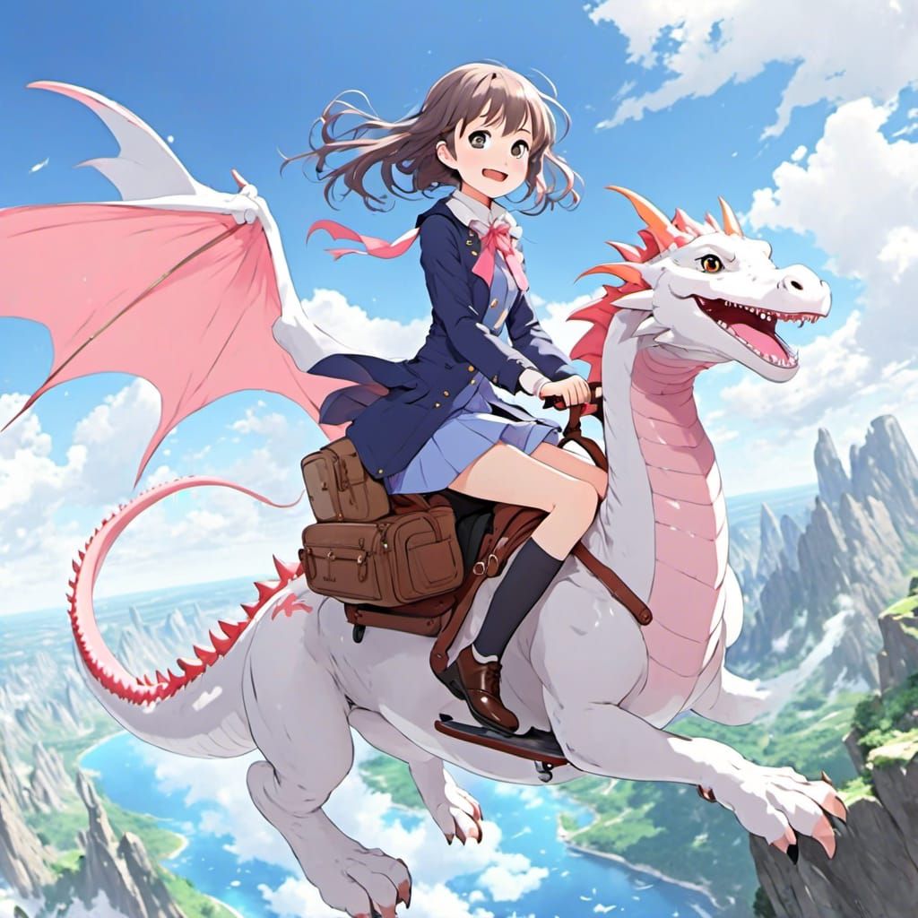Happy Girl Riding Dragon in Anime Key Visual Style