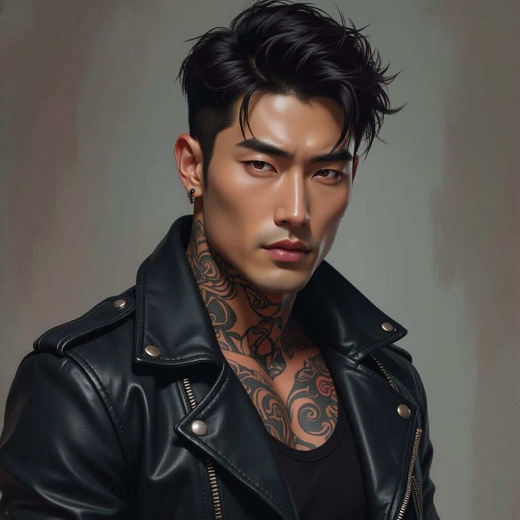 Handsome Korean Man in Leather with Tattoos
