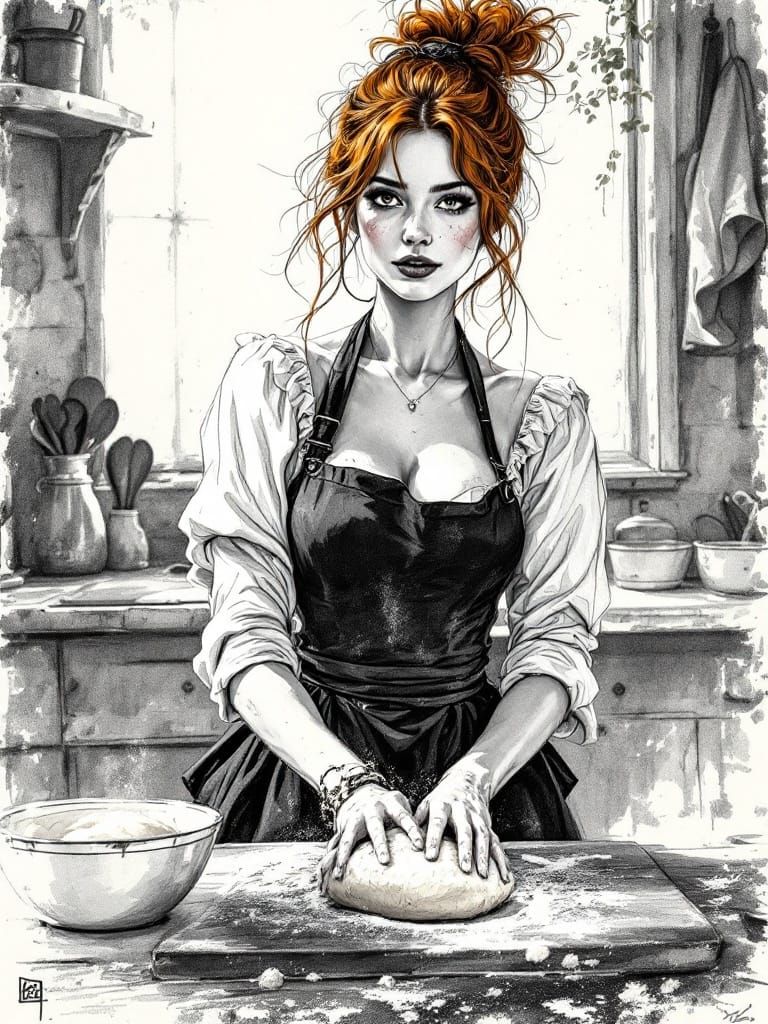 Redhead Baker Kneading Dough in Bustling Kitchen Charcoal Sk...