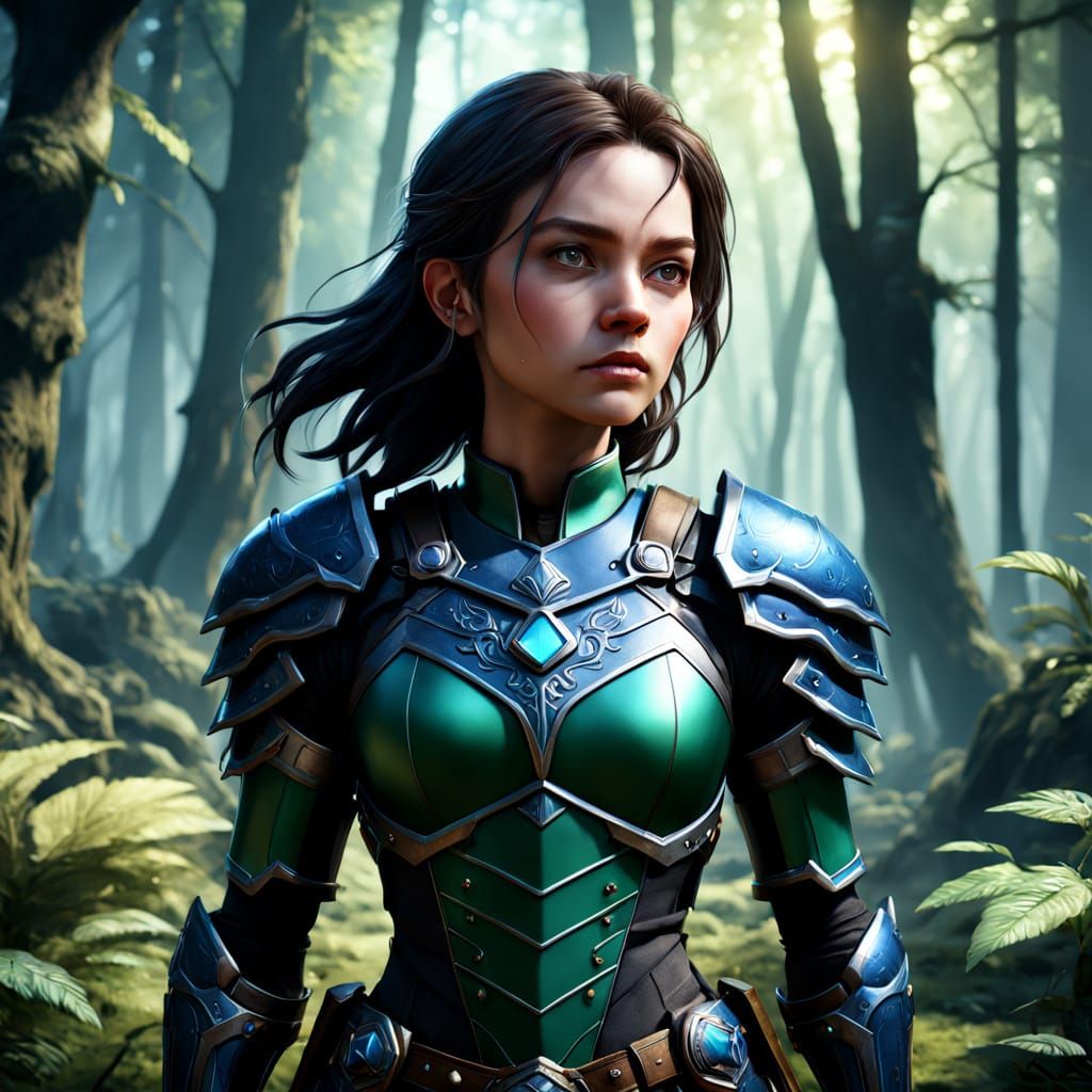 Heroic Woman Stands Tall in Mystical Forest Artgerm Style