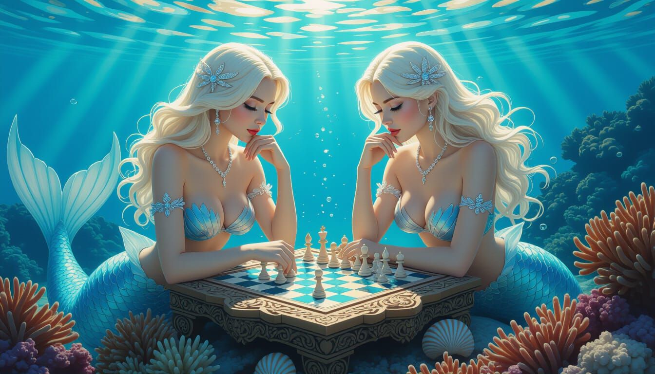 Mermaids Play Chess on Coral Reef