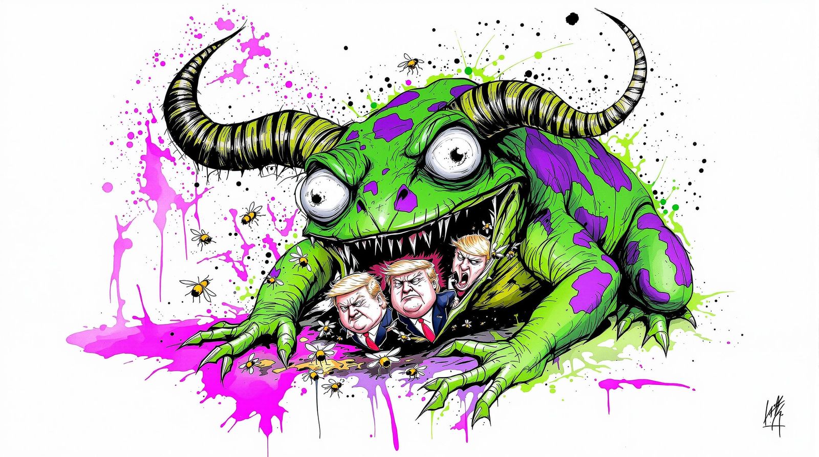 Demonic Bullfrog Devouring Caricature Flies in Chaotic Ink S...