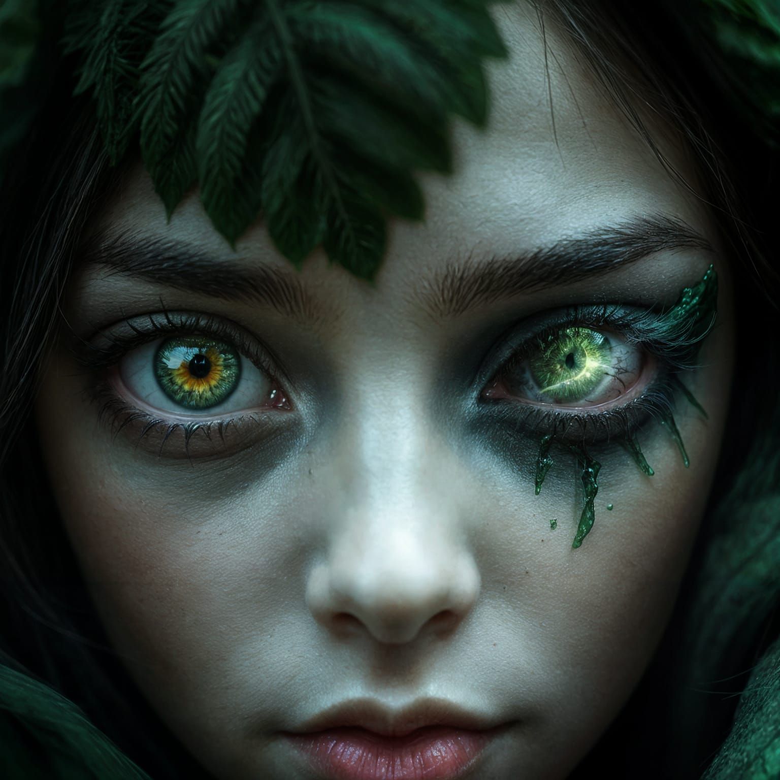 Ethereal Green-Eyed Enigma in Lush Forest