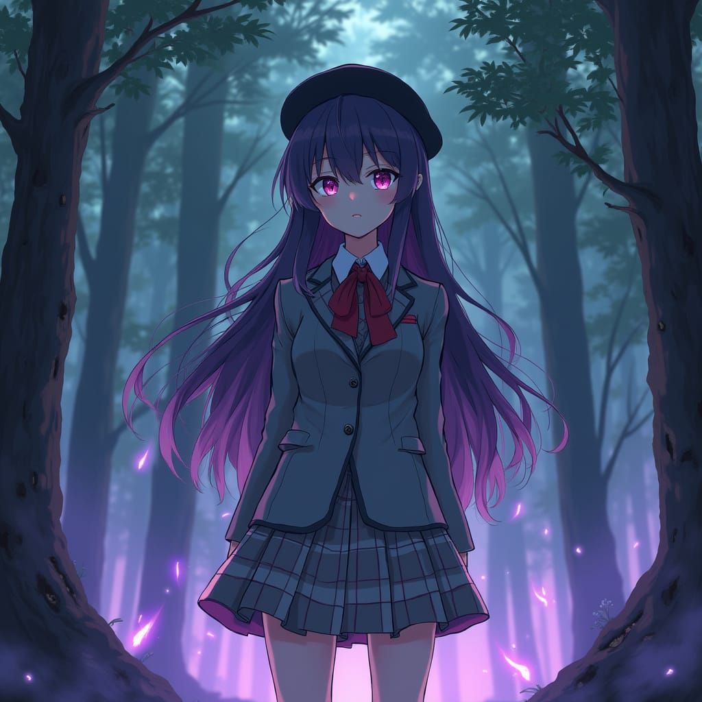 Mysterious Youkai Girl in Forest, Anime Illustration