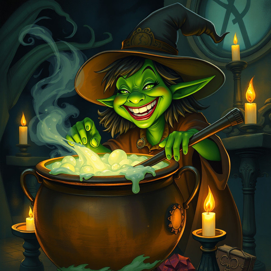 Green Witch Stirring Cauldron in Dreamlike World