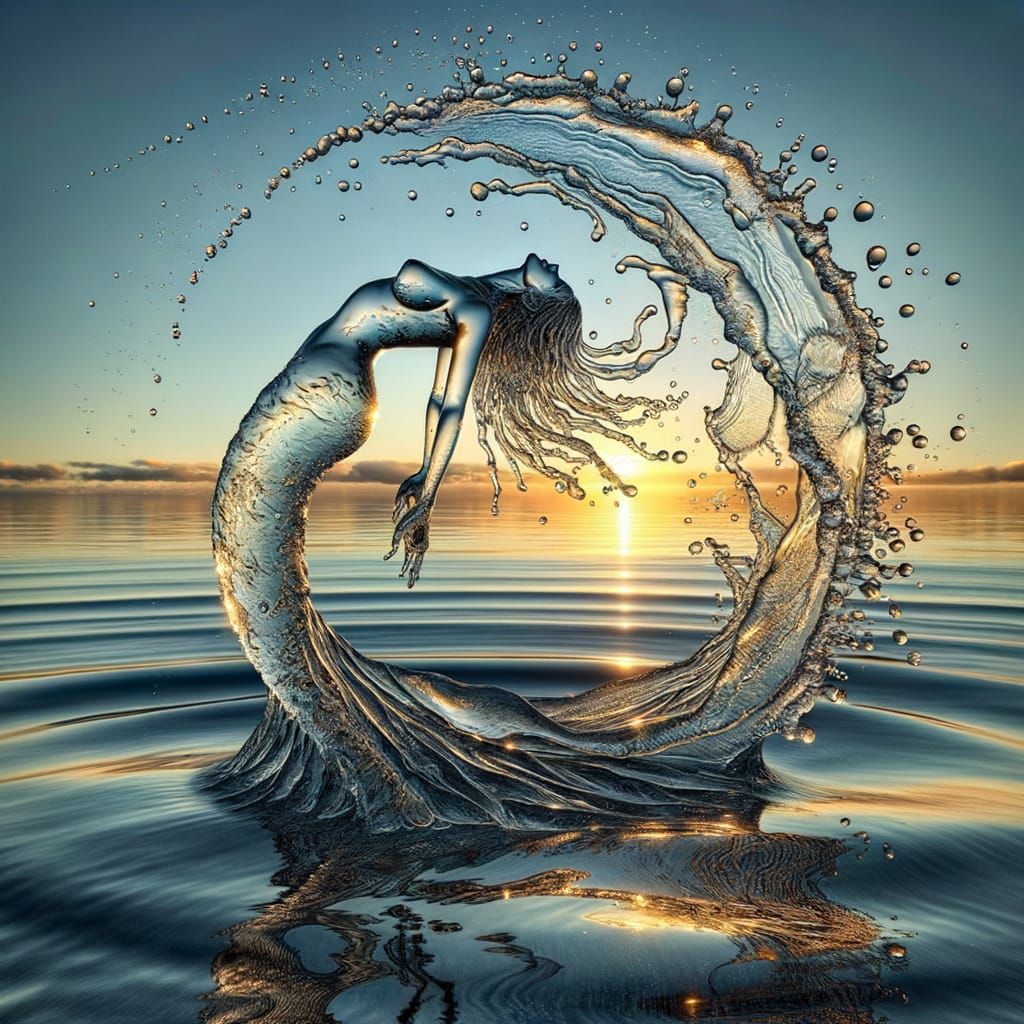 Mermaid Dances in Golden Sunset Light as Water Sculpture