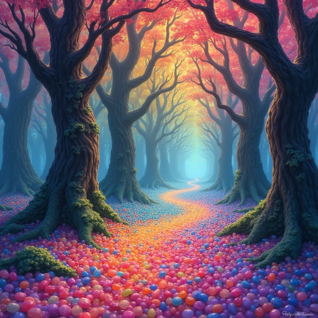 Rainbow Jellybean Forest in Whimsical Art Style