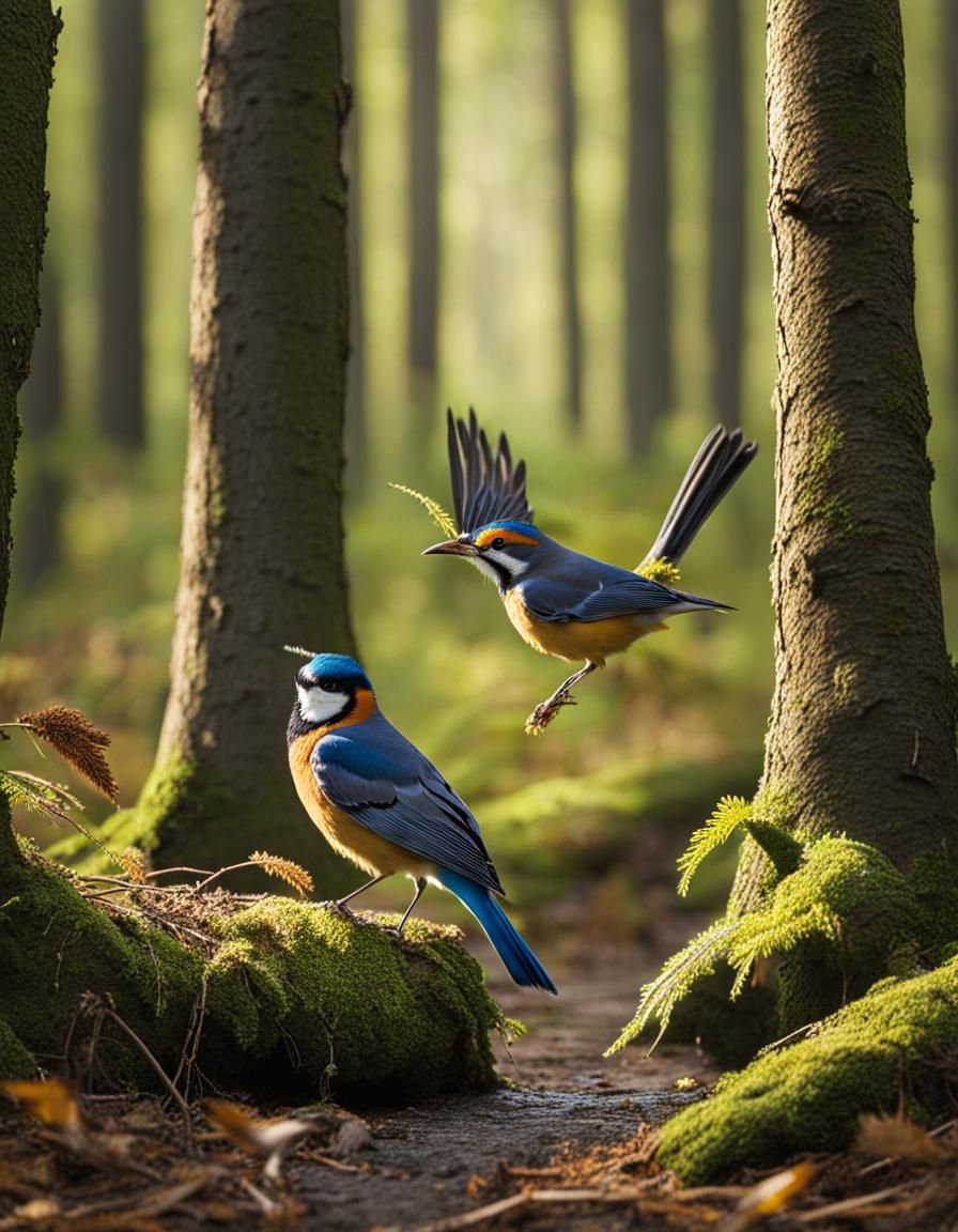 Birds in Flight in the Woods