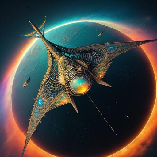 Futuristic Wicker Spacecraft in Rainbow Nebula