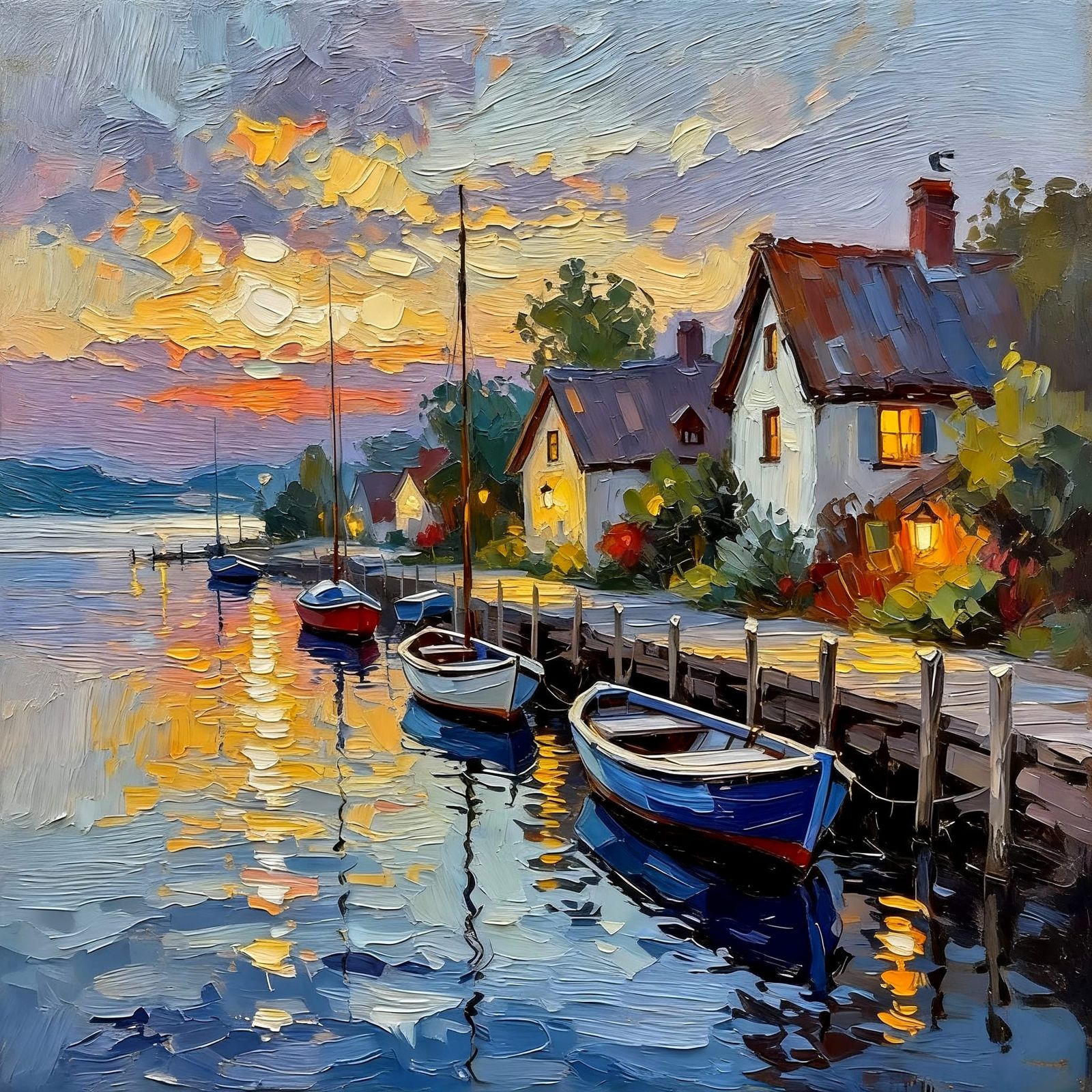 Impressionist Lakeside Village at Twilight