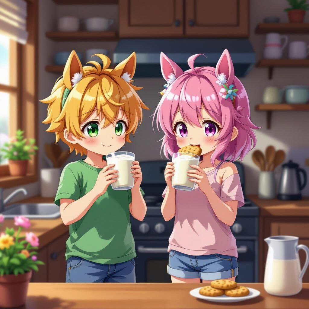 Anime Boys with Horse Ears Enjoying Milk in Kitchen