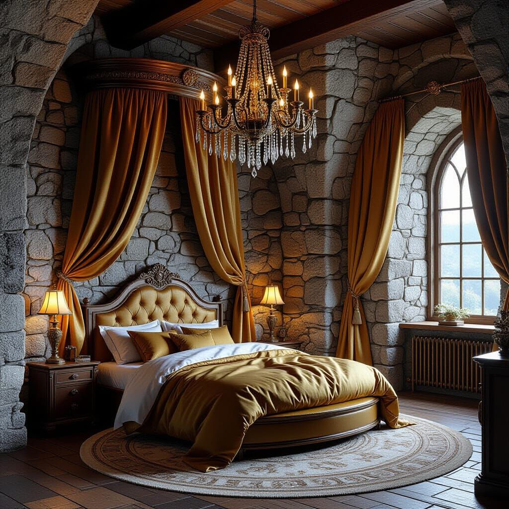 Cozy Castle Bedroom with Chandelier in Fantasy Style