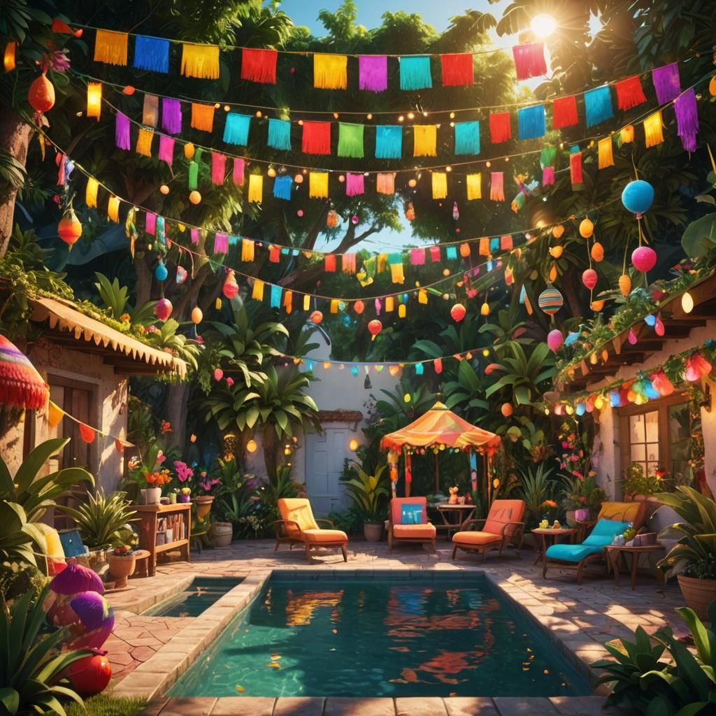 Vibrant Fiesta Garden Party in Magical Realism Style