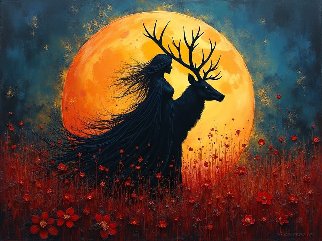 Moonlit Sorceress with Deer Antlers, Impasto Painting