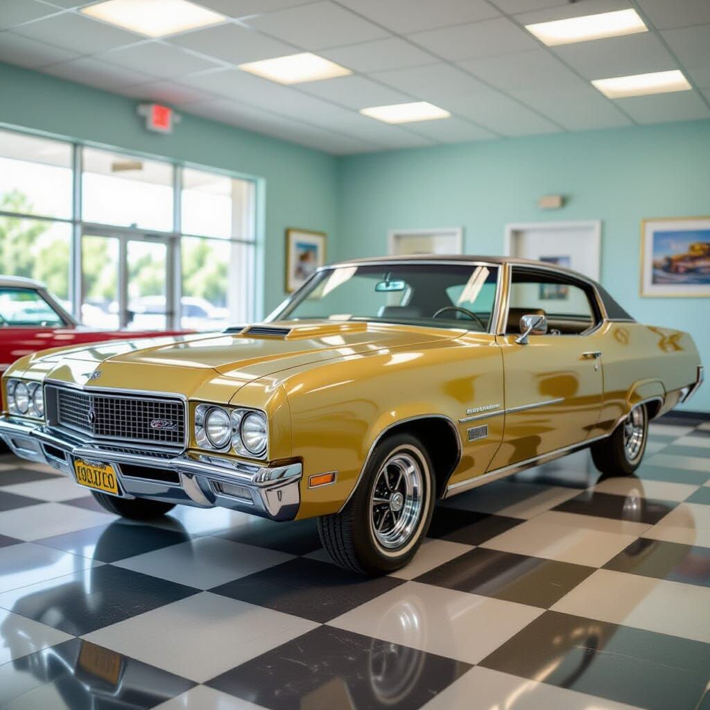 Gold 1972 Buick Skylark in Showroom: Digital Art