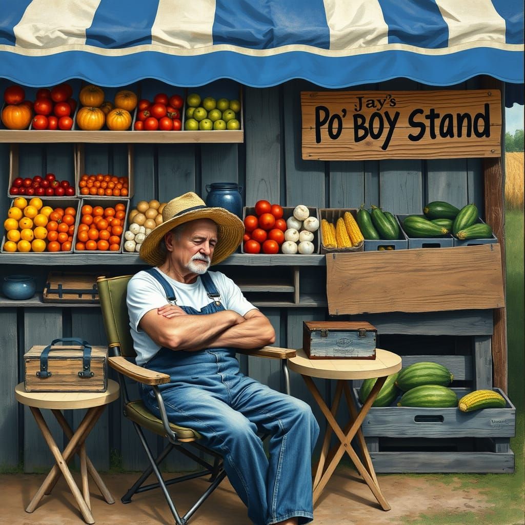 Folk Art Farm Stand Scene with Sleeping Man