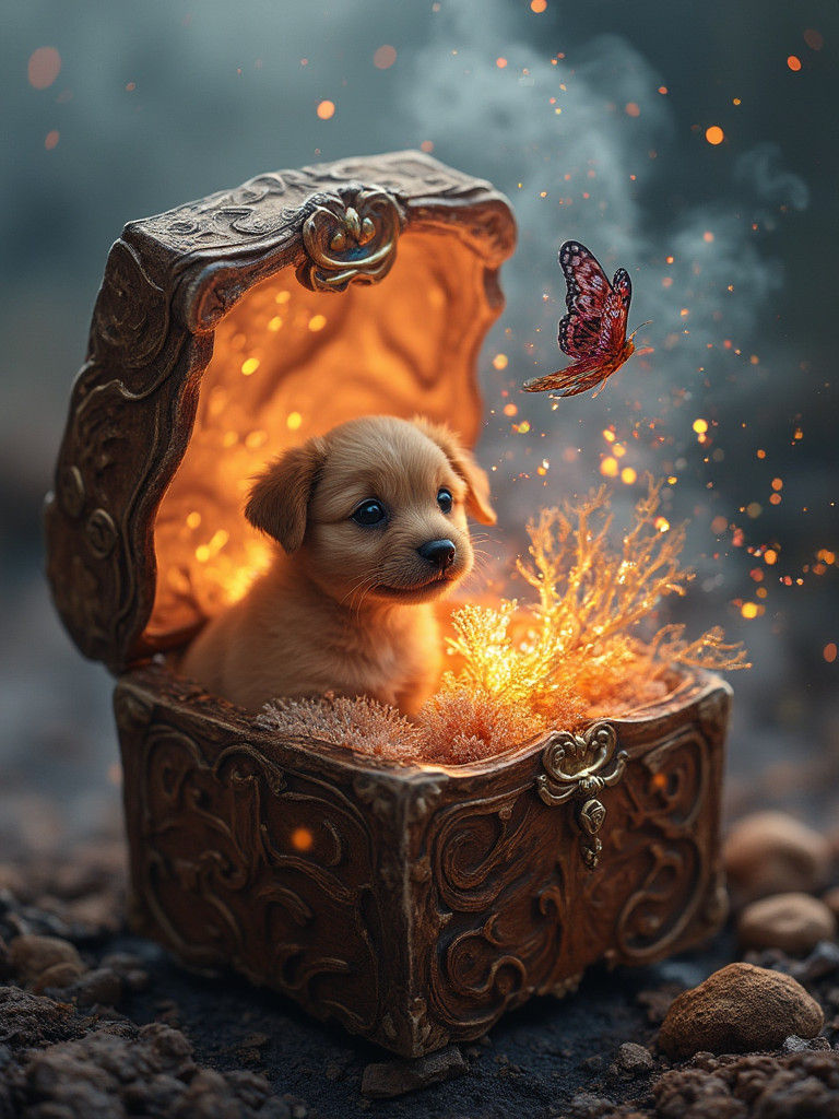 Puppy in Ornate Box with Bioluminescent Reef