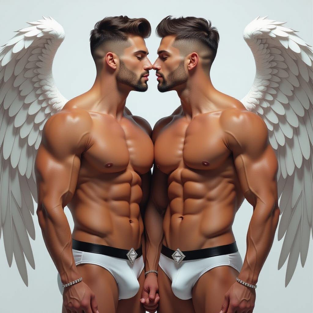 Muscular Men Kissing with Angel Wings in Photorealistic Styl...