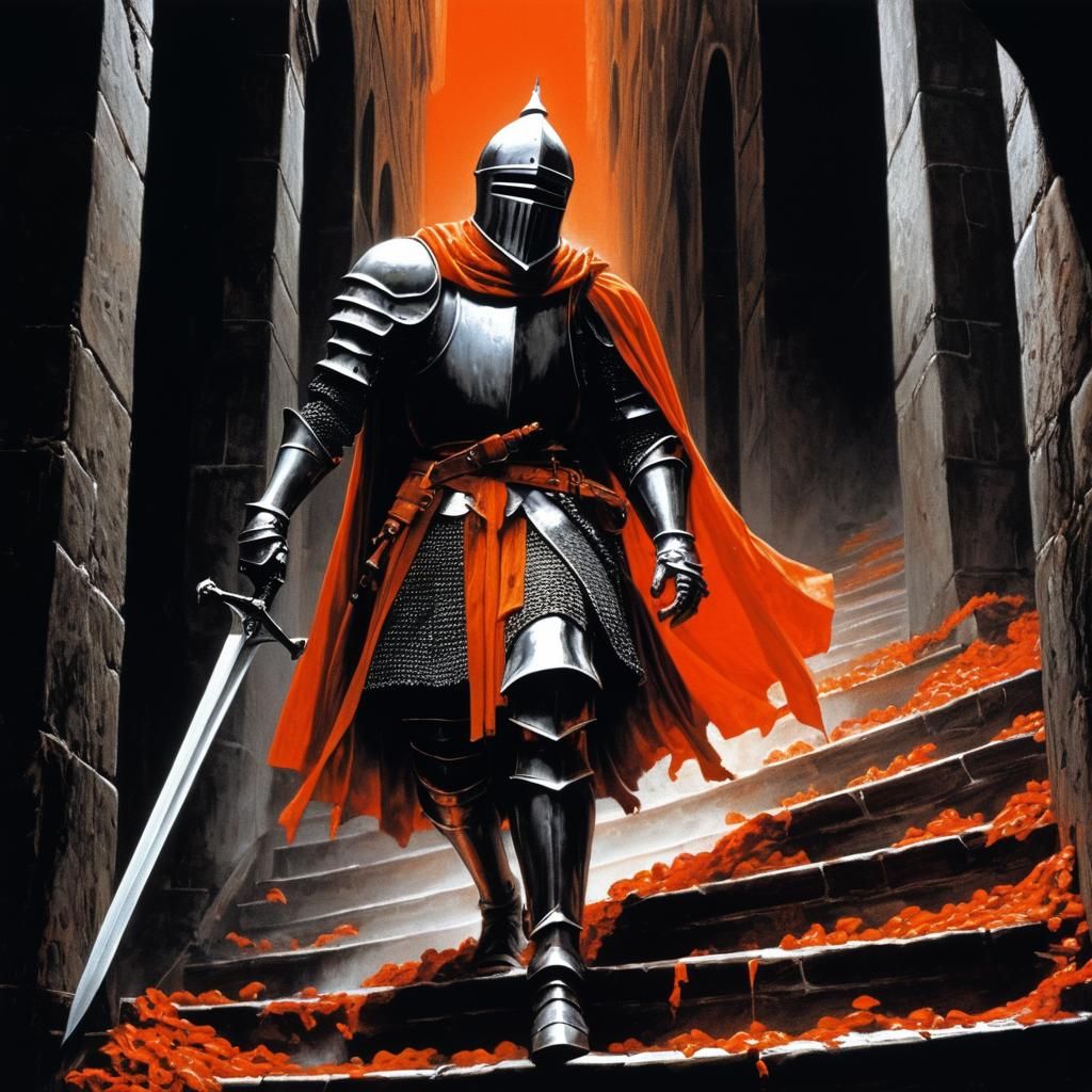 Knight Descending Stairs in Epic Dark Fantasy Style