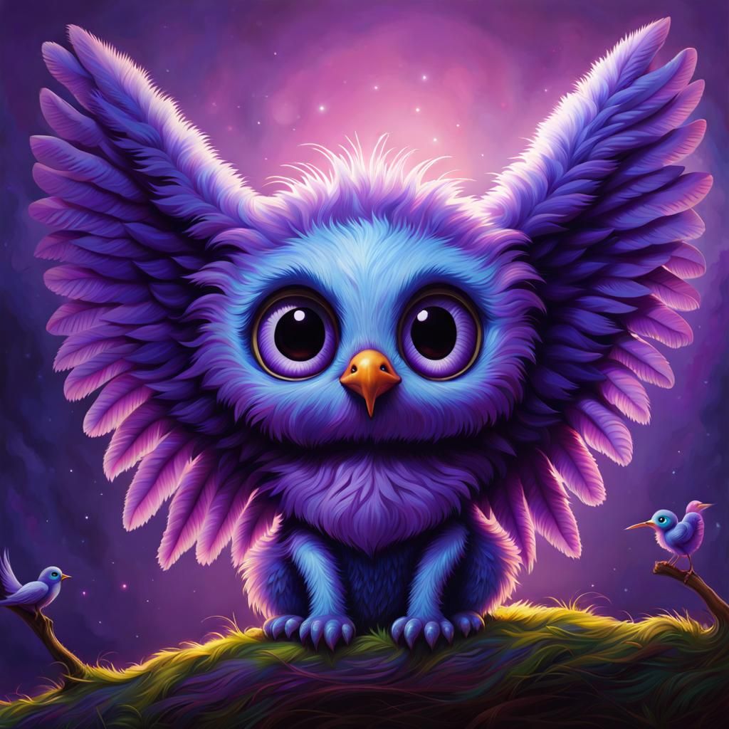 Fuzzy Purple Alien Bird with Angel Wings