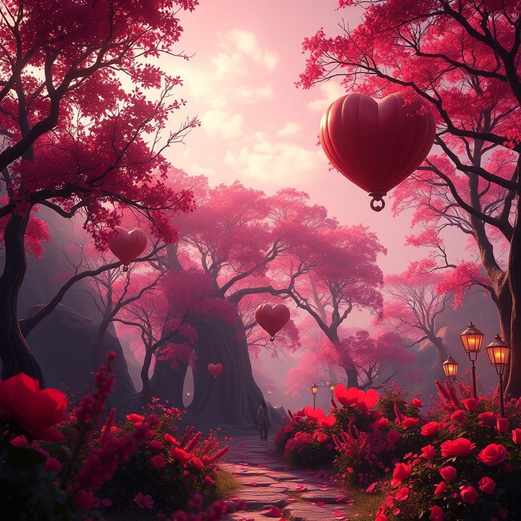 Magical Valentine's Day Scene in Vibrant, Dreamlike Colors