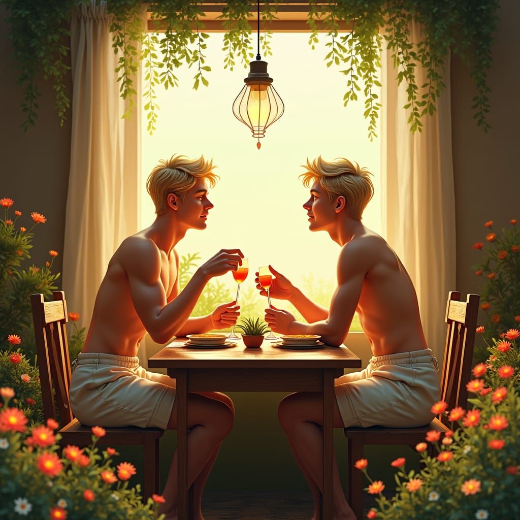 Intimate Breakfast: Two Men in a Sun-Drenched Setting