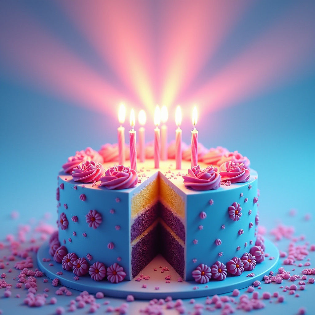 Majestic Birthday Cake with Blue Icing and Pink Flowers