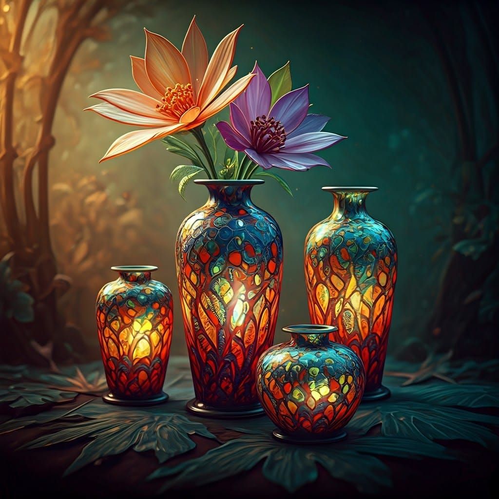 Enameled Glass Vases and Flowers in Art Nouveau Style