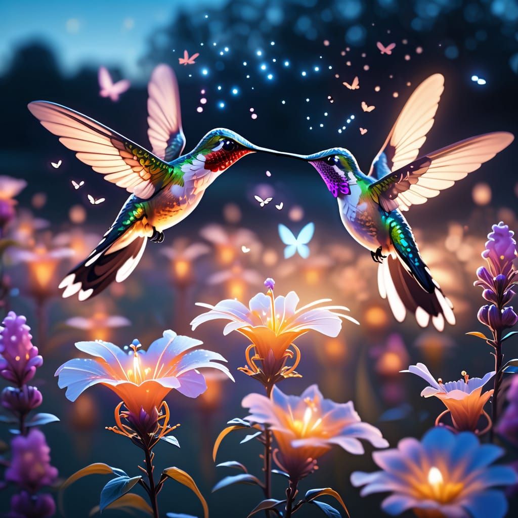Romantic Hummingbirds Amidst Bioluminescent Flowers