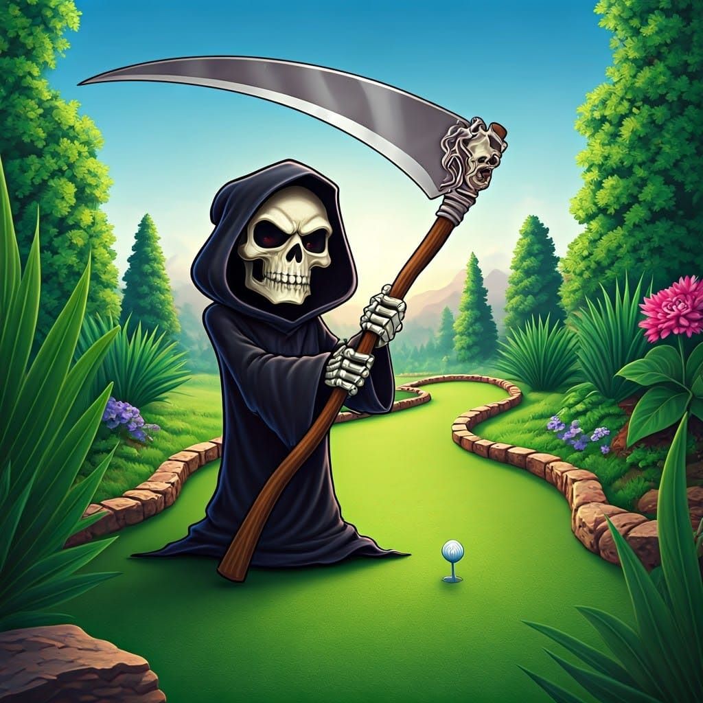 Cartoon Grim Reaper Plays Miniature Golf
