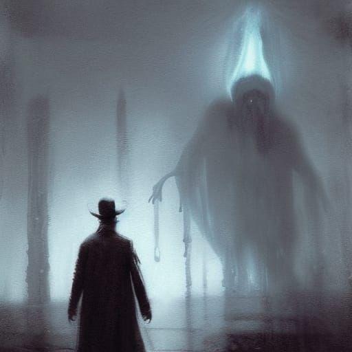 Eldritch Portrait: Mysterious Man in Rainy Horror