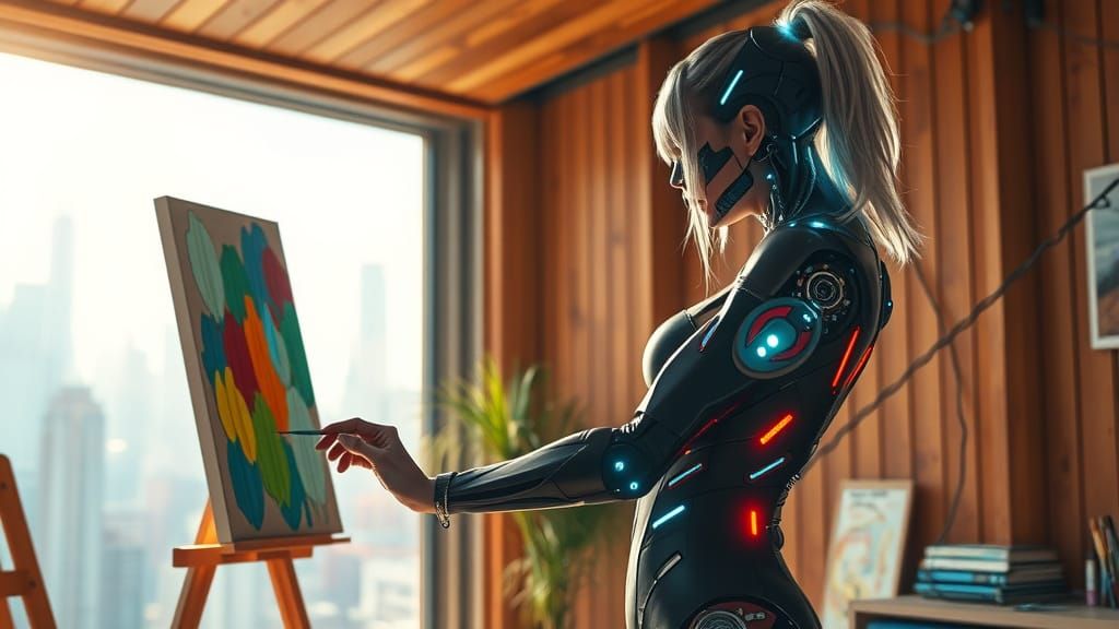 Woman Paints in Futuristic Studio with Cyborg Companion