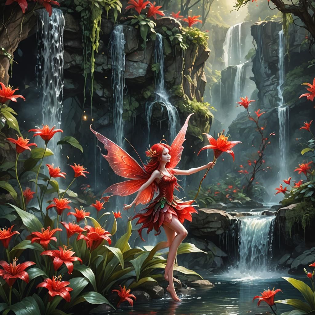 A watercolor painting of a red sprite fairy, lily flower theme by a waterfall