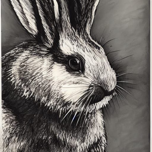Troubled Rabbit with Knife: Expressionist Ink Drawing