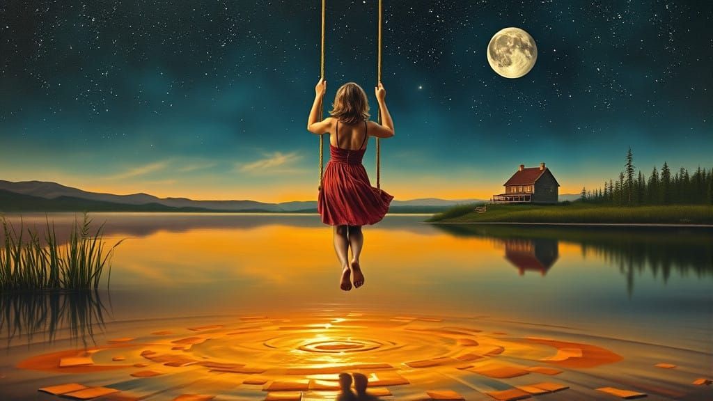 Surrealist Lake Scene at Night, Woman on Rope Swing