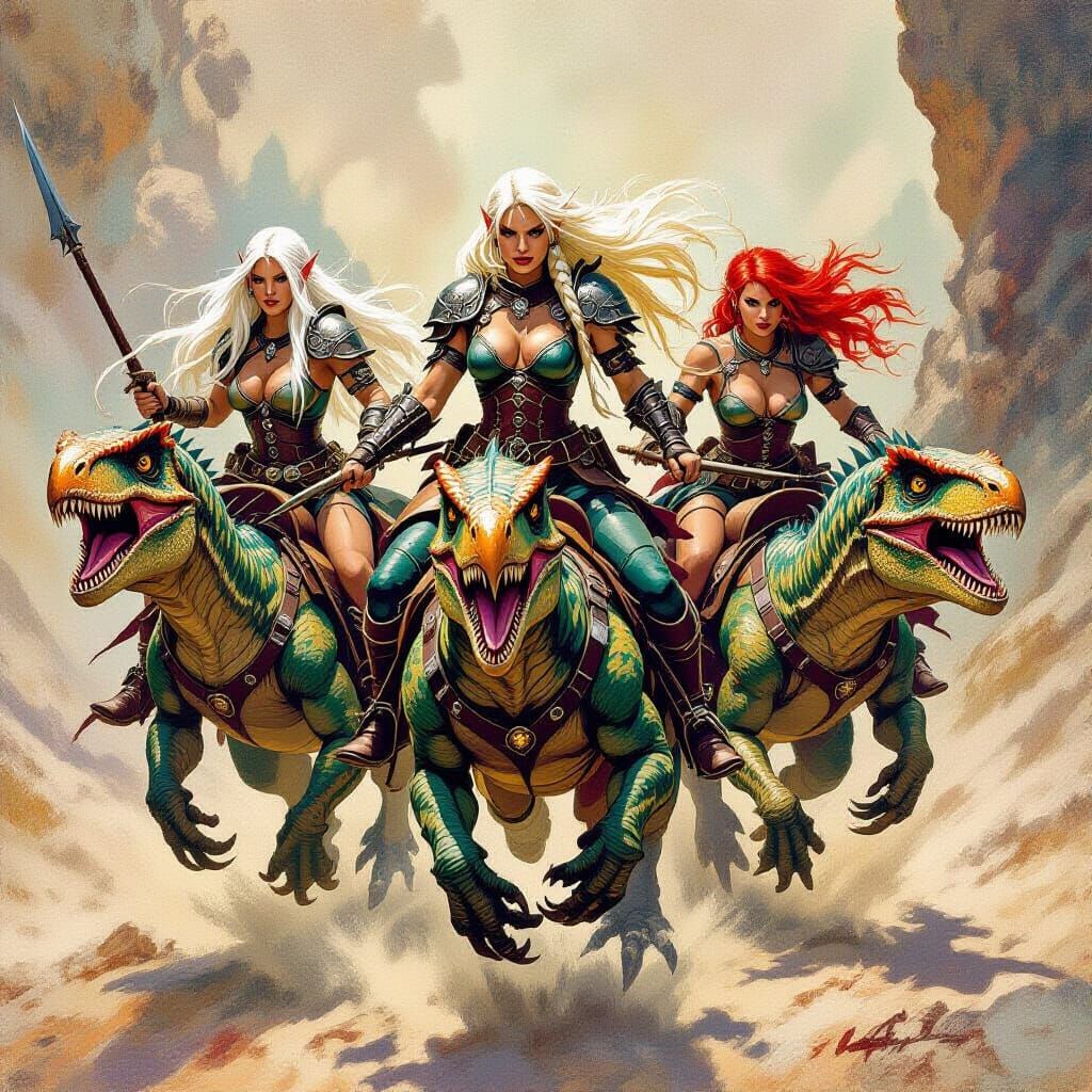 Elven Warriors Ride Raptors in Fantasy Battle Scene