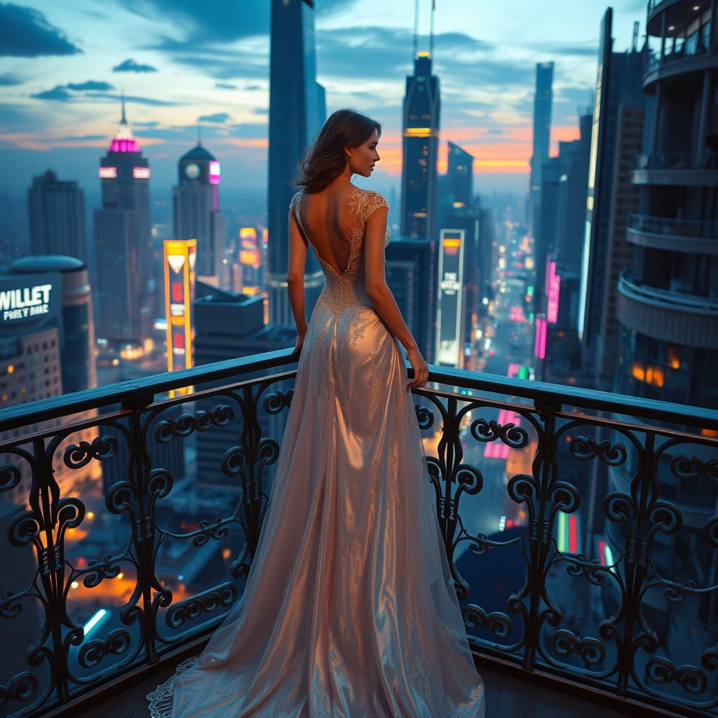 Woman on Balcony Overlooking Futuristic City at Dusk