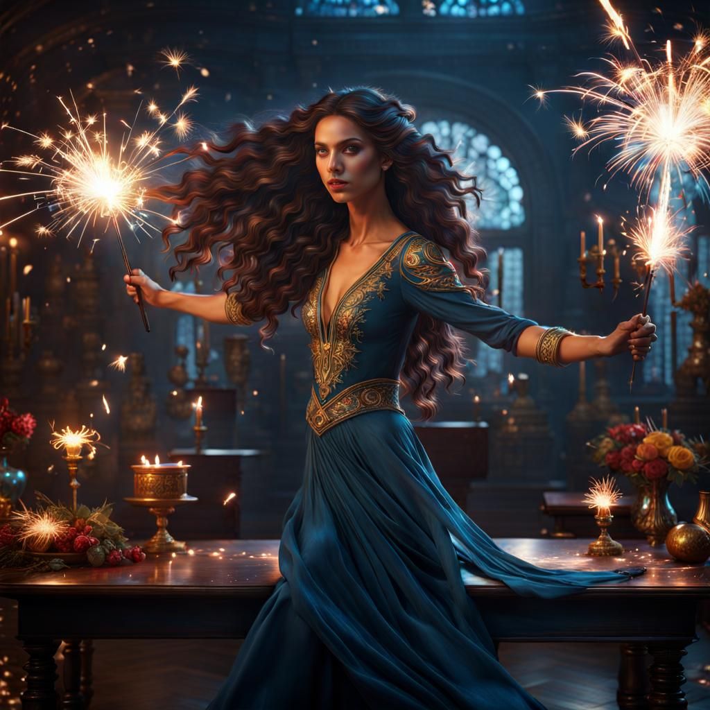 Ecstatic Woman Dancing with Sparklers: Fantasy Concept Art