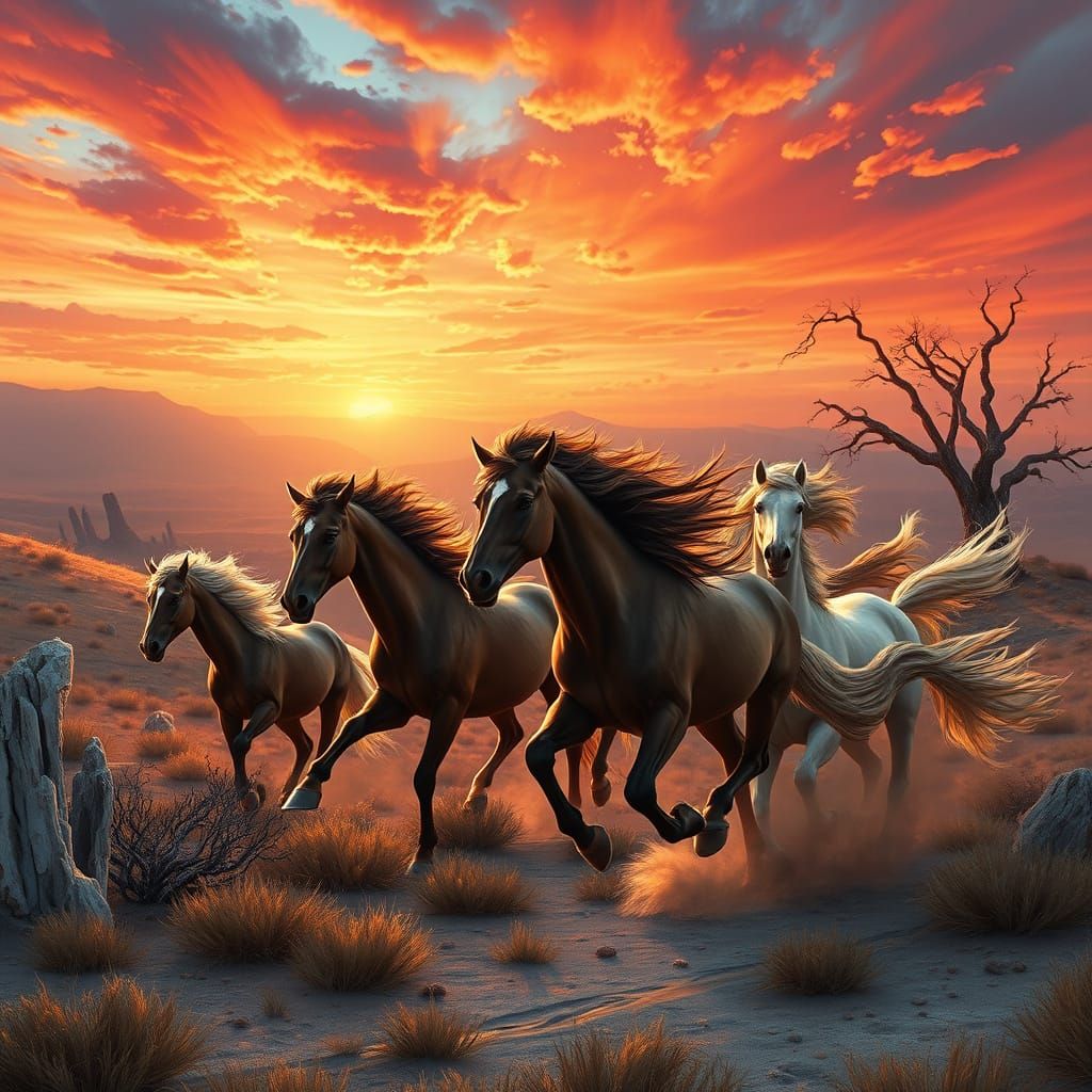 Wild Horses Galloping Across a Dreamlike Sunset Landscape