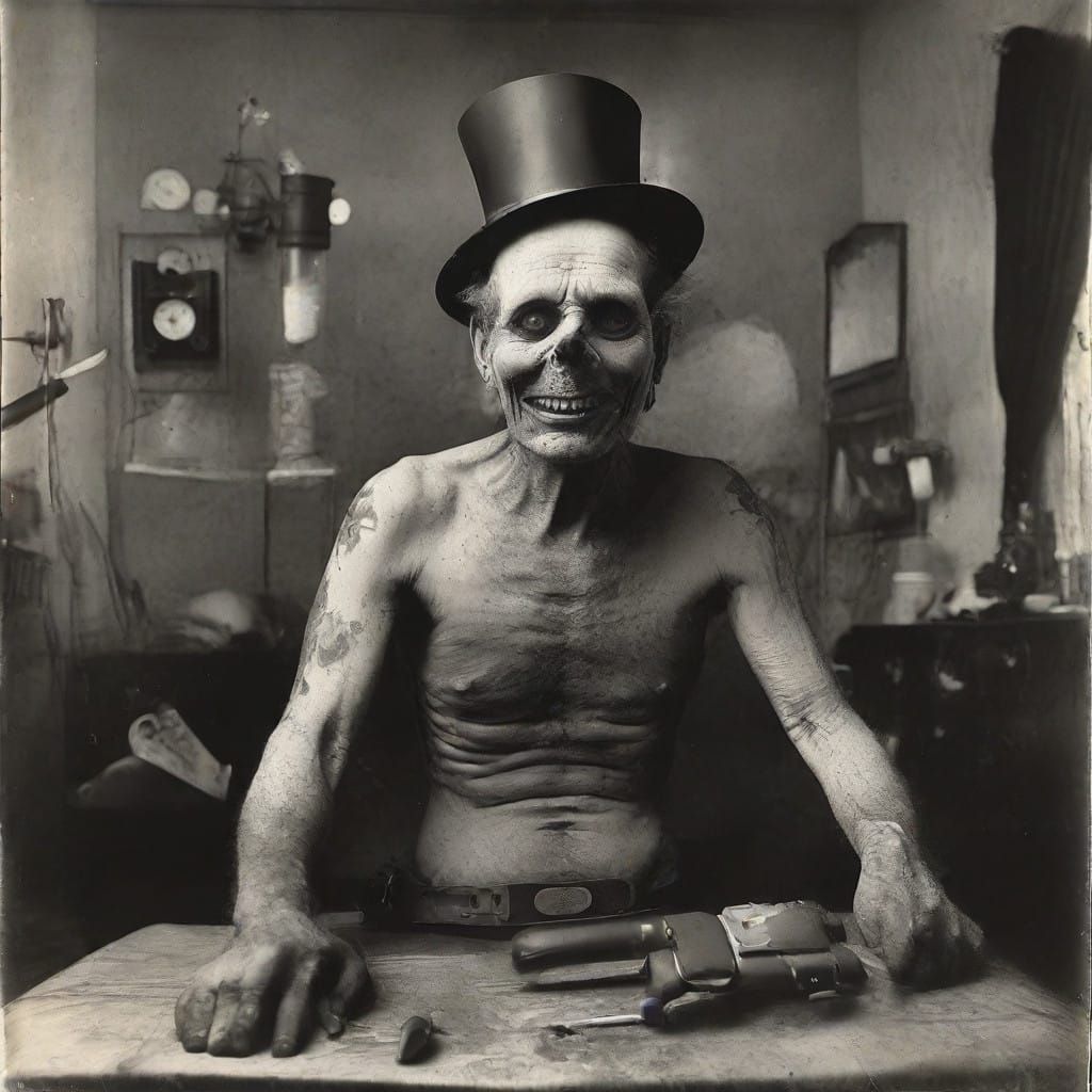 Grotesque Futuristic Caricature in Eerie Lights and Shadows