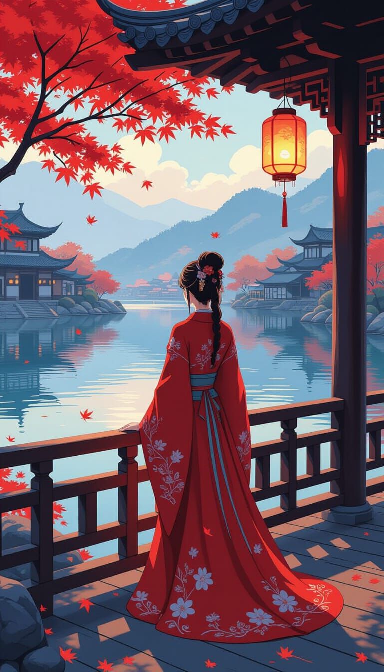 Anime Woman in Hanfu Gazing at Lake