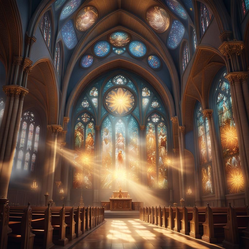 Ethereal Light Descends: Art Nouveau Church Scene