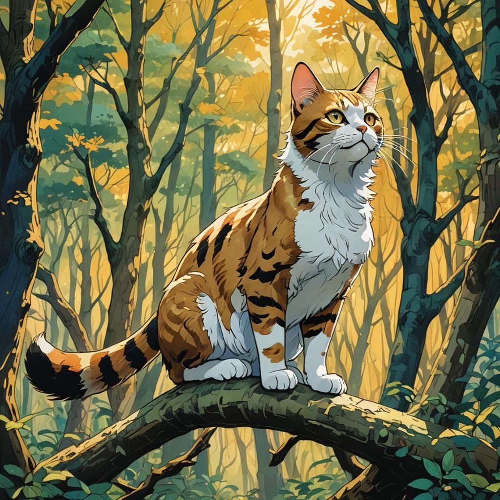 Anime Cat in Osamu Tezuka Style Forest
